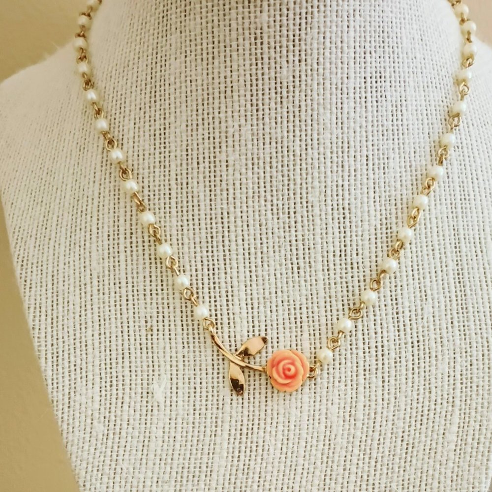 Gold Pearl Pink Rose Necklace 17" Liz Claiborne Flower Pendant Jewelry